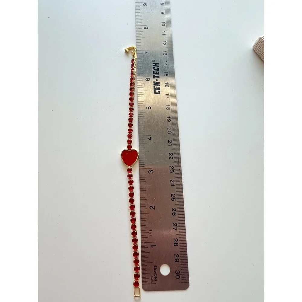 Gold Tone Red Glass Crystal Tennis Bracelet Enamel Heart Charm Accent